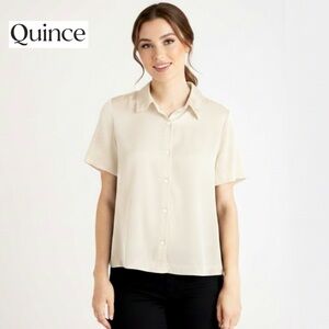 Quince Washable Silk Short Sleeve Blouse S Cream Off White Button Down Shirt